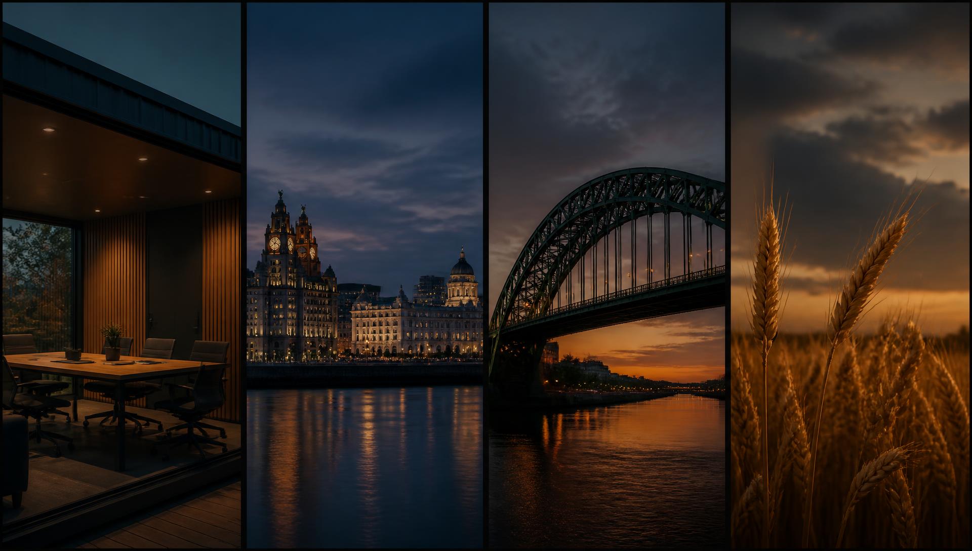Four scenes representing the Harnage Group businesses: a modular office interior, a city waterfront at dusk, a river bridge and a wheat field